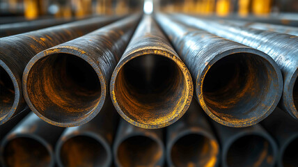 The image shows a tightly packed arrangement of the open ends of many metal pipes The pipes are all the same diameter and are stacked closely together creating a repeating circular pa
