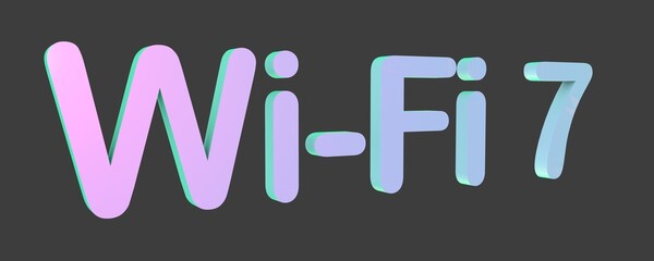 3D text "Wi-Fi 7" on a gray background. High -speed wireless Internet. Rendering Illustration.