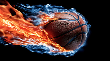 A basketball is engulfed in flames against a black background The balls texture and seams are still visible despite the fire The image conveys a sense of speed intensity and power oft