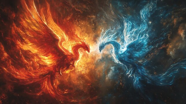 Battle between a glowing phoenix and an ice dragon their elements colliding in a radiant explosion cinematic fantasy artwork