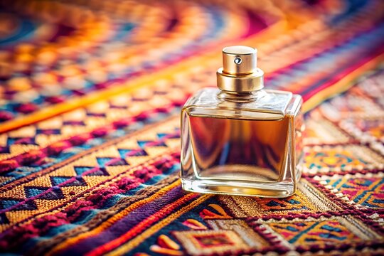 Luxurious golden perfume bottle resting on richly colored ethnic textile creating captivating contrast of elegance fragrance and cultural beauty