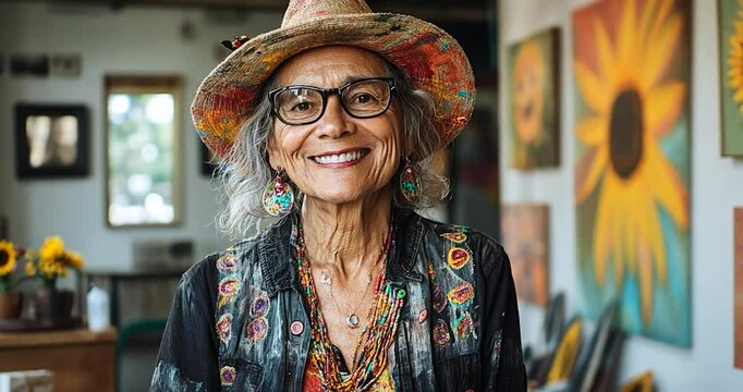 Portrait of a smiling elderly woman wearing eyeglasses and a colorful straw hat in a studio setting with artwork in the background