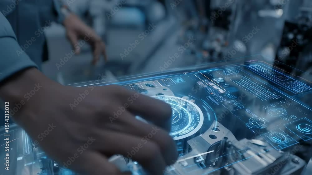 Poster engineer manipulates a transparent digital interface, demonstrating advanced technology in a modern 