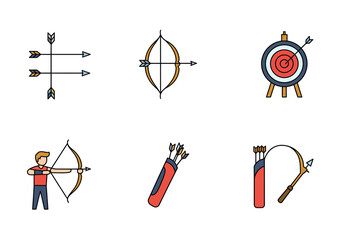 Archery Icons Bows Arrows Target Archer and Quivers Illustration