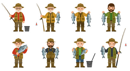 Cartoon Fishermen with Fish Rods Hats Boots and Fishing Gear