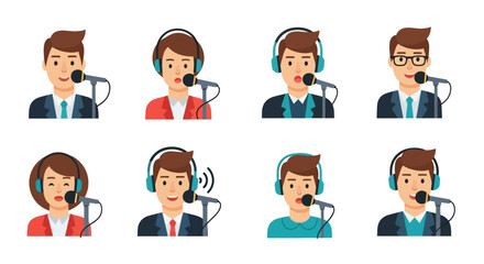 Cartoon People Wearing Headsets Speaking into Microphones