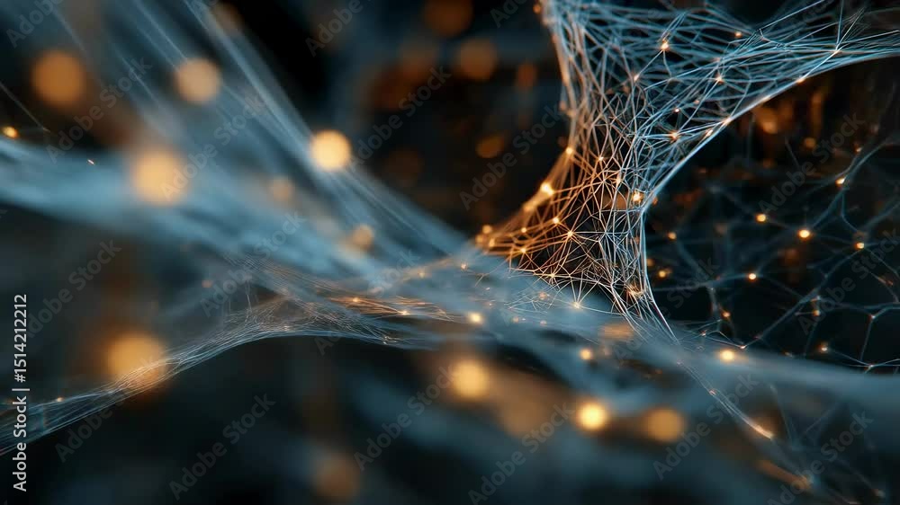 Poster golden electric current flows through a network of conductive threads, enhanced by intricate laser d