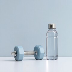 Obraz premium Minimalist fitness concept with dumbbells and water bottle placed on a light grey background, clean and motivational, symbolizing health, motivation and clean lifestyle.
