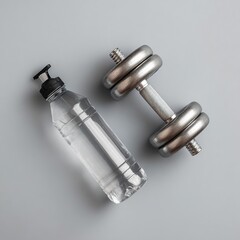 Obraz premium Minimalist fitness concept with dumbbells and water bottle placed on a light grey background, clean and motivational, symbolizing health, motivation and clean lifestyle.