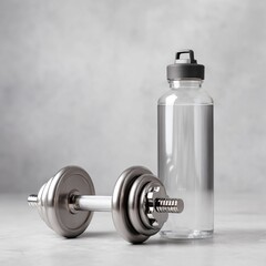 Obraz premium Minimalist fitness concept with dumbbells and water bottle placed on a light grey background, clean and motivational, symbolizing health, motivation and clean lifestyle.
