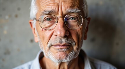 Elderly man with glasses looking serious against a textured background  