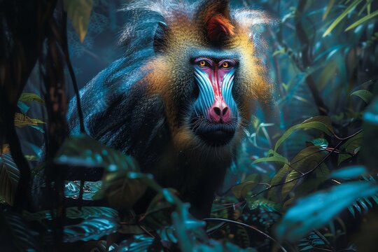 Beautiful mandrill sitting in a lush jungle its vibrant red and blue face standing out soft natural lighting highly detailed fur textures