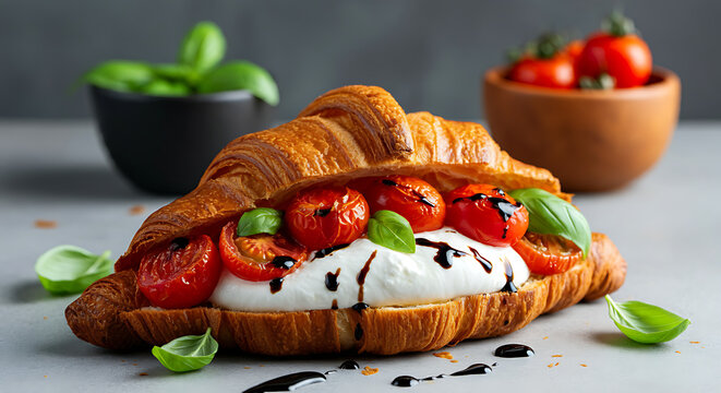 Burra Croissant  | croissant filled with creamy burrata, roasted cherry tomatoes, fresh basil, and a drizzle of balsamic glaze 