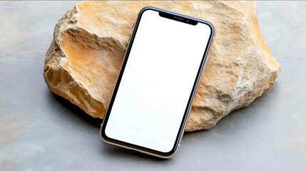 photo of an iphone from the top down with a white screen laying on a stone in the stone age