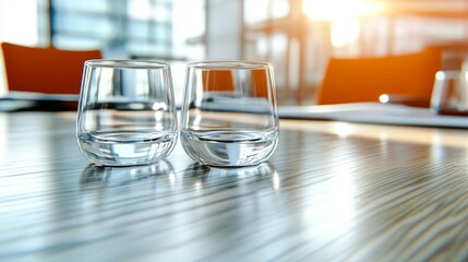 Two clear glasses of water on a light wooden conference table, blurred office background