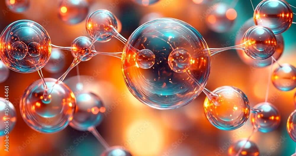 Poster abstract macro shot of sphere-shaped molecules with connecting lines against a blurred background of