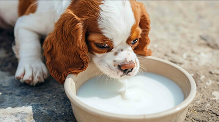 Puppy drinking milk from a bowl