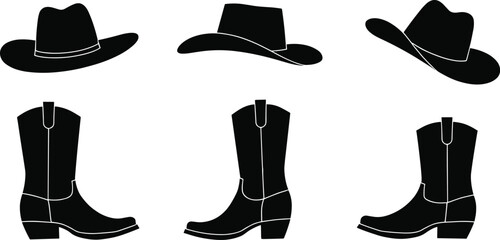 Set of cowboy hats and boots silhouette vector clip arts, isolated on a transparent background. Great for Western themes, rodeo designs, and country-style graphics.