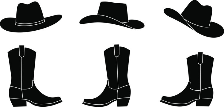Set of cowboy hats and boots silhouette vector clip arts, isolated on a transparent background. Great for Western themes, rodeo designs, and country-style graphics.