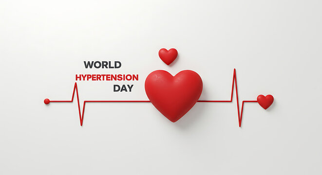 World Hypertension Day Concept with Heartbeat Line and Red Hearts 3D