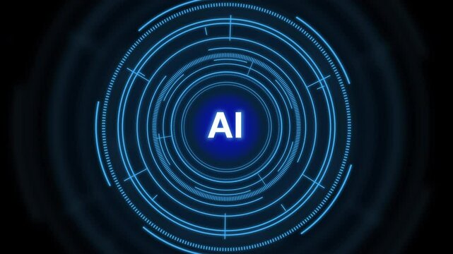 Futuristic AI interface with glowing circular HUD elements in blue tones. High-tech loop animation design ideal for artificial intelligence, machine learning, and sci-fi themed visuals
