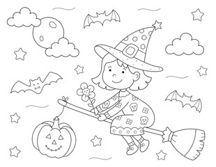 letter paper size (8.5x 11 inches) halloween coloring page. coquette style witch and many shapes to color.