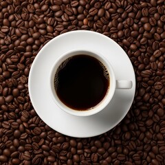 Fototapeta premium Full coffee cup placed on a saucer with coffee beans scattered around