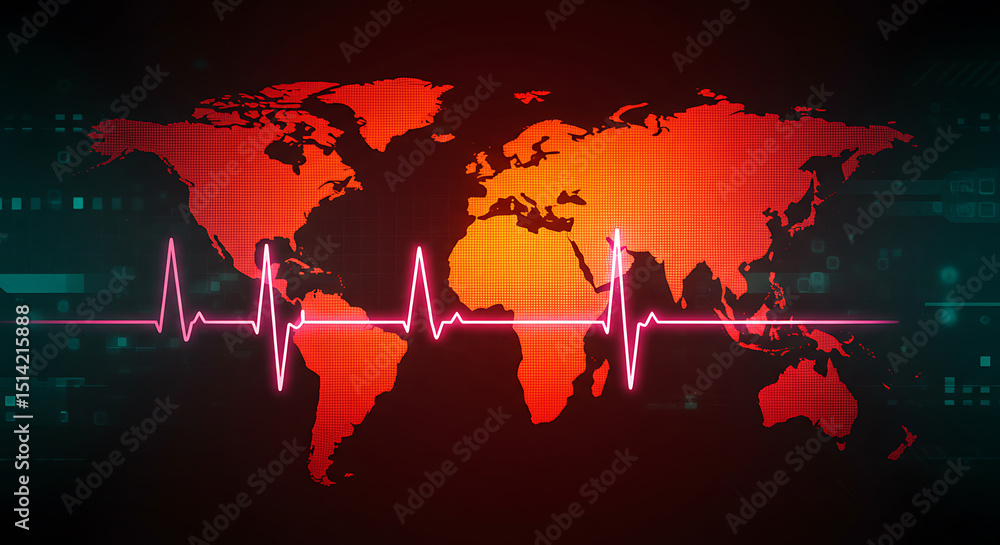 Poster world map with heartbeat line global health data visualization
