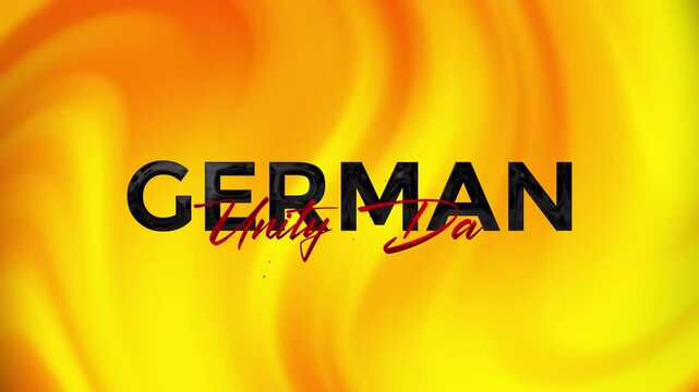 German Unity Day text animation with yellow abstract swirl background. Bold black and red text "German Unity Day" over a yellow abstract swirl background, suitable for national holiday celebrations
