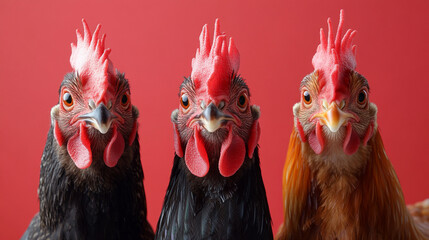 Naklejka premium Three curious chickens boldly posing with vibrant red combs and wattles showcasing farm life with a minimalist red