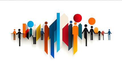 A digital vector illustration of a corporate team dressed in work clothes raising their hands together in unity white background