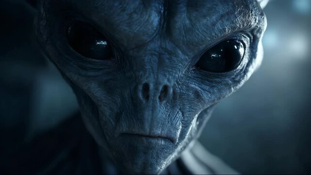 A gray alien stares forward with large dark eyes. Its expression is cold, still, and unreadable. The gray alien dominates the frame, making gray alien the focus of mystery.