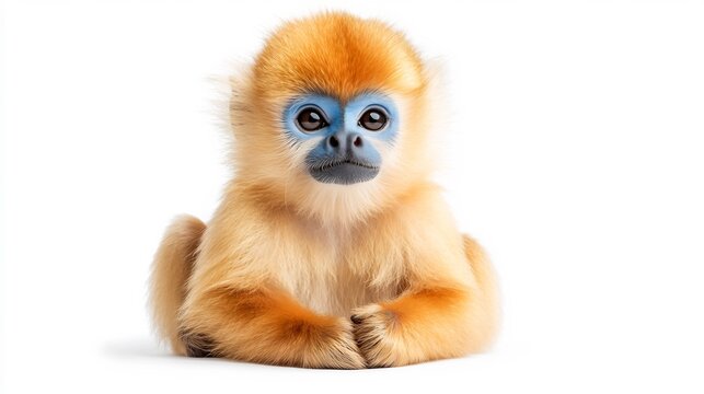 Golden snub nosed monkey sitting gracefully its vibrant orange fur and blue face creating a striking contrast isolated on a white background