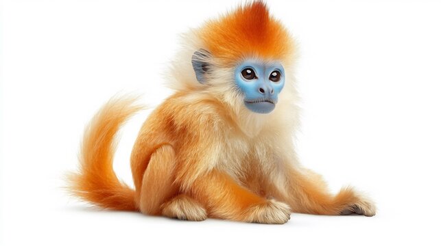 Golden snub nosed monkey sitting gracefully its vibrant orange fur and blue face creating a striking contrast isolated on a white background