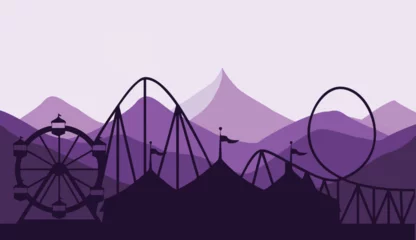 Fototapete Rund Warmes Lila Vector illustration of a mountain landscape with trees, snow, and a sunset sky  © Faizin