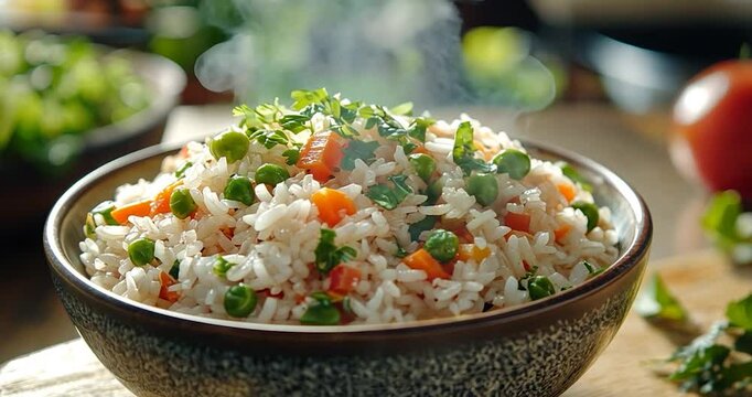 A bowl of rice with green peas and carrots, lit by warm light on a wood surface, with green vegetables on a background