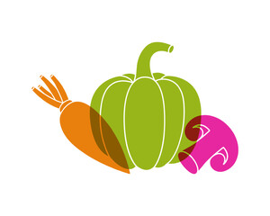Vegetables color icons. Radish, pumpkin, mushroom. Natural vegetarian foods symbol. Organic farm company logotype template. Vector illustration.
