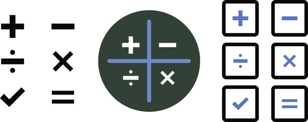 Educational math symbols and calculator buttons graphic design.