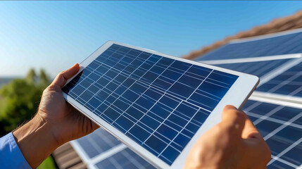 A professional energy consultant shows a tablet displaying energy savings data to the homeowner with rooftop solar panels in view