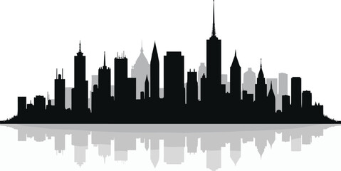 Obraz premium Silhouette vector of a modern city skyline, Silhouette with mirrored reflection, isolated on a transparent background. Ideal for design, branding, and web projects.