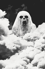 Ghost Grunge Art poster, Album cover art, screen print, half tone, risograph, copy space, black and white, textured, retro vintage, psychedelic, trippy, horror, spooky, weird, creepy background