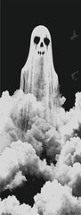 Ghost Grunge Art poster, Album cover art, screen print, half tone, risograph, copy space, black and white, textured, retro vintage, psychedelic, trippy, horror, spooky, weird, creepy background
