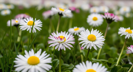 Fototapeta premium Vibrant Daisy Meadow: Springtime Blossoms in Lush Green Field