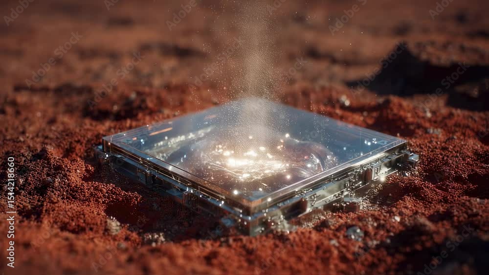 Poster futuristic sensors embedded in a metallic structure analyze a bubbling, glasslike substance on the m