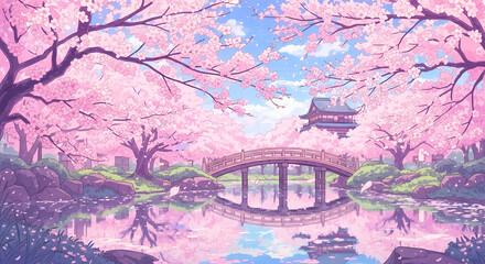 Serene Pink Cherry Blossom Landscape: Spring Scenery