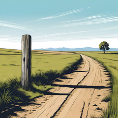 Hand drawn vector illustration of a wooden post beside a dirt road and grass in a desolate landscape during the day