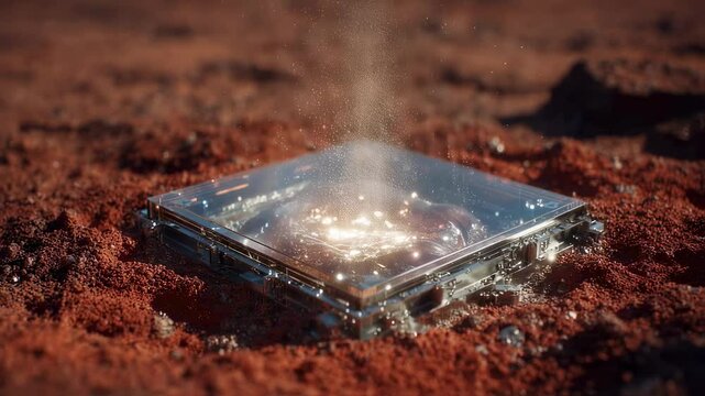Futuristic sensors embedded in a metallic structure analyze a bubbling, glasslike substance on the martian surface, emitting a luminous glow and subtle dust particles