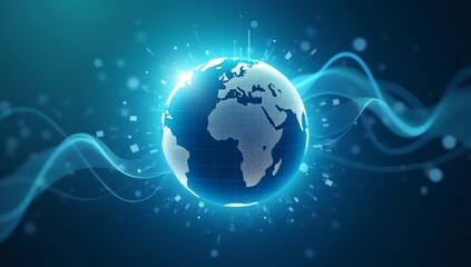 A futuristic digital globe surrounded by glowing blue data waves, symbolizing global connectivity and digital networks