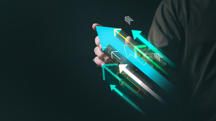 Businessman or trader showing business growth, investing in stock market or digital assets trading,...