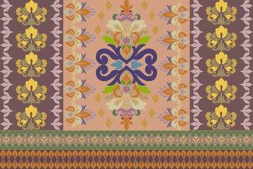 Ikat fabric pattern, abstract, ethnic, vertical, colorful pattern for textile, decoration, cloth, dress, curtain, carpet, sarong, printed fabric, illustration, vector.